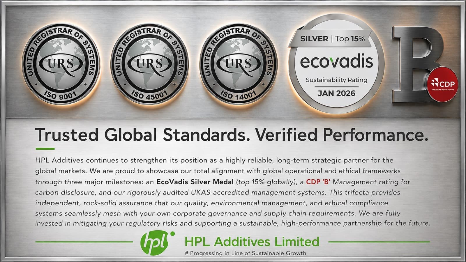 Trusted Global Standards. Verified Performance. — HPL Additives ISO, EcoVadis Silver & CDP B certifications